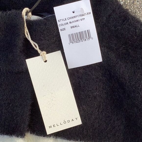 MELLODAY NWT WOMENS MOCK JACKET SWEATER BLACK IVORY STRIPED SOFT FUZZY SMALL - Picture 5 of 8